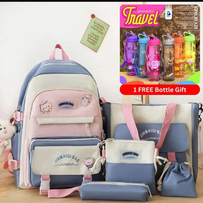 Best School & College Bag Set for Girls – 5 in 1 Stylish Backpack with Free Water Bottle