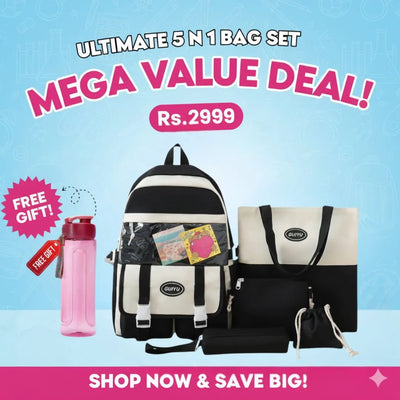 5 Pcs School Bag Set in Pakistan | College Backpack for Girls & Boys | Free Gift Bottle