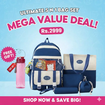5 Pcs School Bag Set in Pakistan | College Backpack for Girls & Boys | Free Gift Bottle