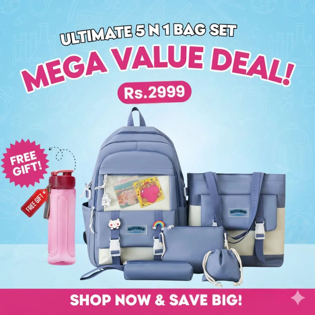 5 Pcs School Bag Set in Pakistan | College Backpack for Girls & Boys | Free Gift Bottle