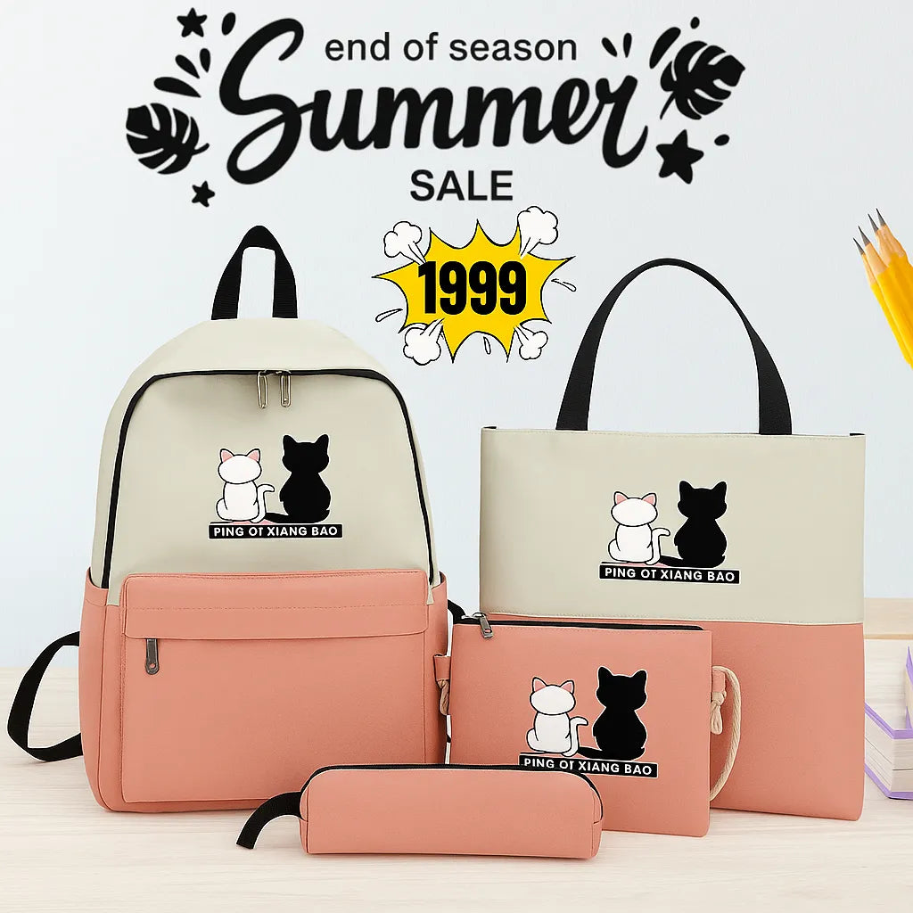 Korean Fashion 4 in 1 Girls Bag Set – Backpack, Crossbody, Tote & Pouch