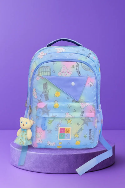 Charming Pastel Printed Girls Backpacks with Cute Teddy Bear Charms – School & Travel Bags