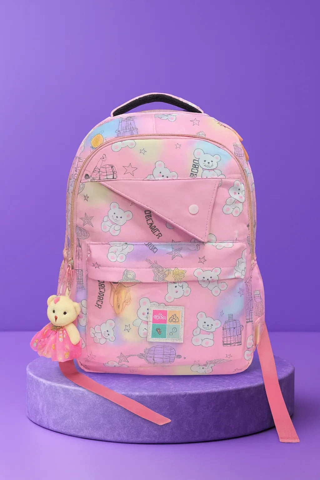 Charming Pastel Printed Girls Backpacks with Cute Teddy Bear Charms – School & Travel Bags