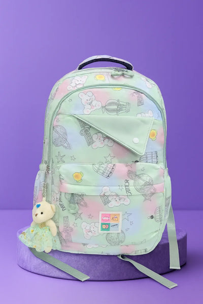 Charming Pastel Printed Girls Backpacks with Cute Teddy Bear Charms – School & Travel Bags