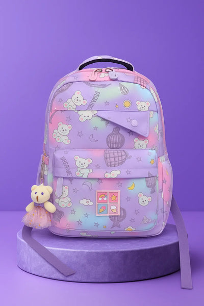 Charming Pastel Printed Girls Backpacks with Cute Teddy Bear Charms – School & Travel Bags