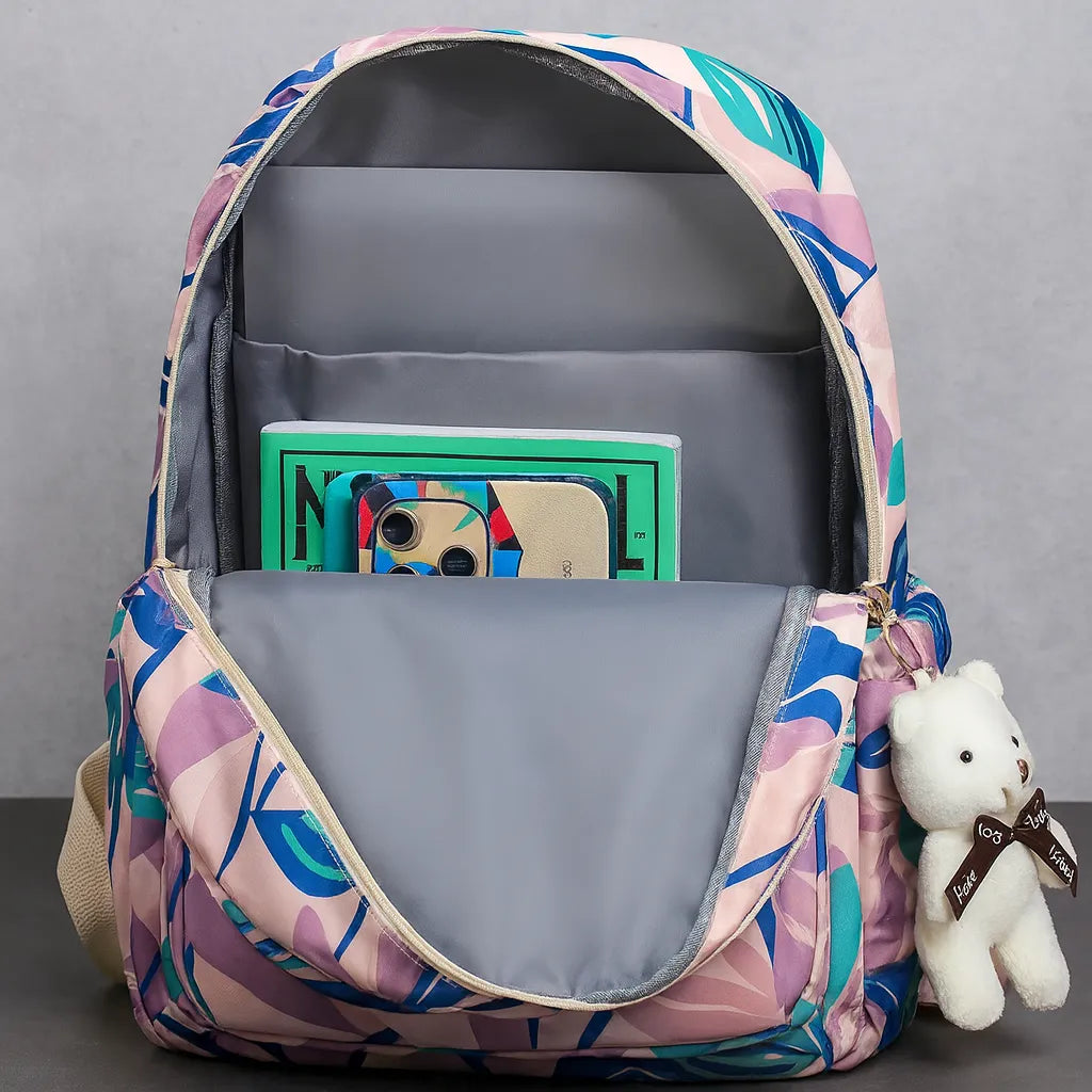 Floral Print Waterproof Backpack with Teddy Keychain