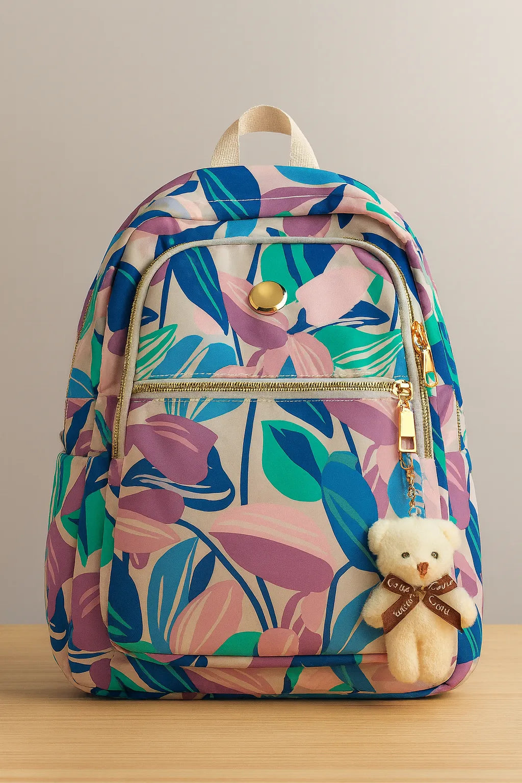 Floral Print Waterproof Backpack with Teddy Keychain