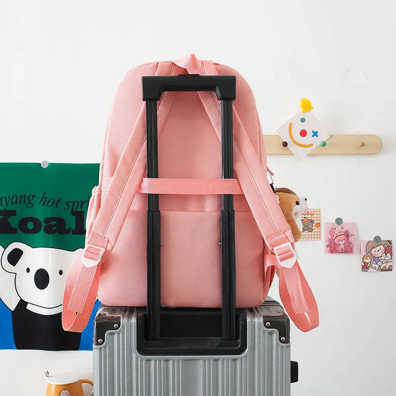 Trendy 4-Piece Dori Style Backpack Set for Girls – Includes Free Bottle & Teddy Bear Keychain