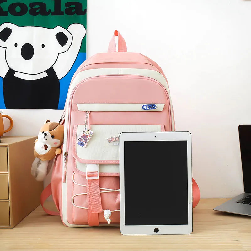 Trendy 4-Piece Dori Style Backpack Set for Girls – Includes Free Bottle & Teddy Bear Keychain