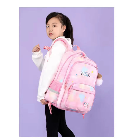 Cute Pink & Blue Gradient Girls’ School Backpack with Orthopedic Support & Reflective Safety Strips