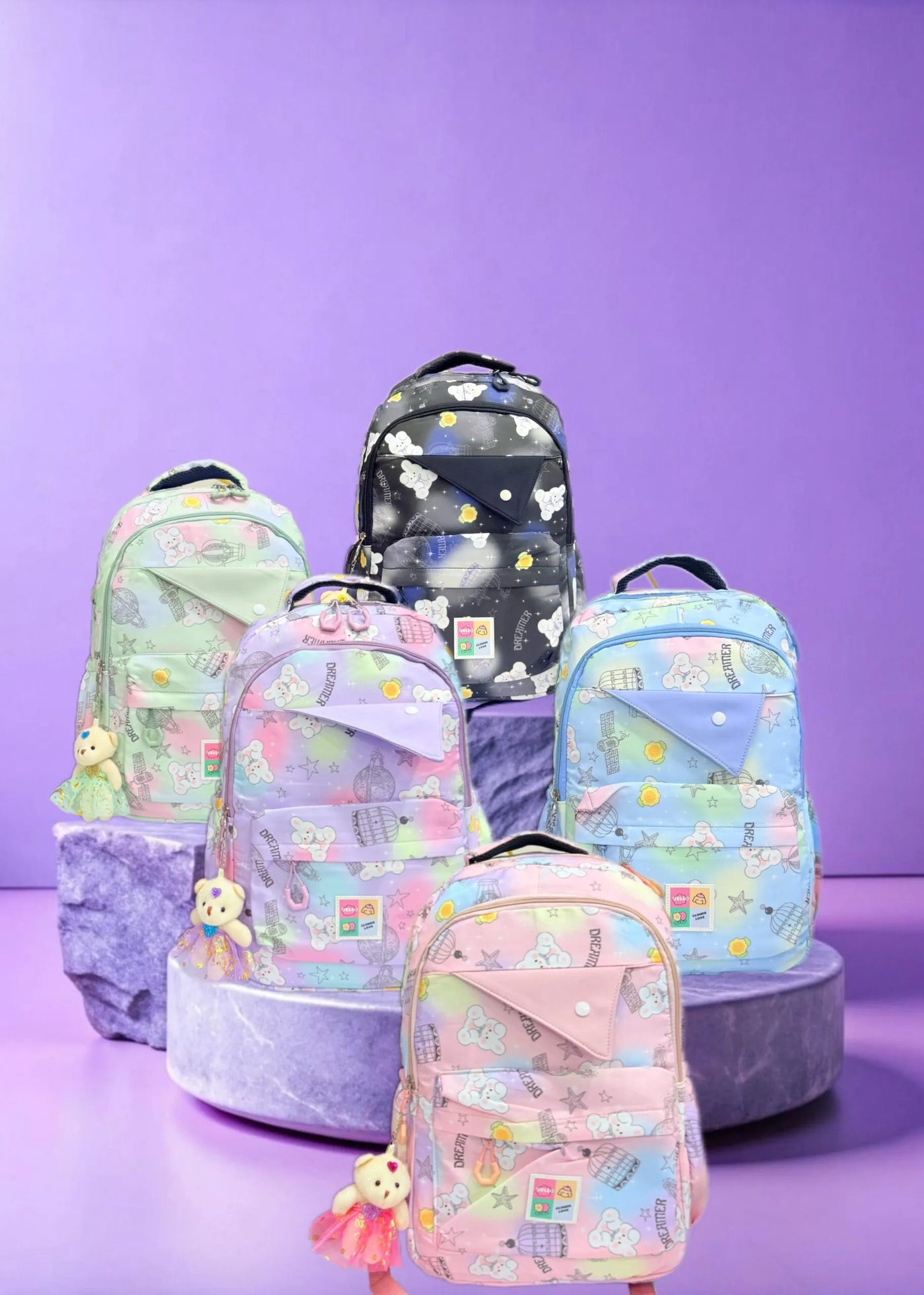 Charming Pastel Printed Girls Backpacks with Cute Teddy Bear Charms – School & Travel Bags