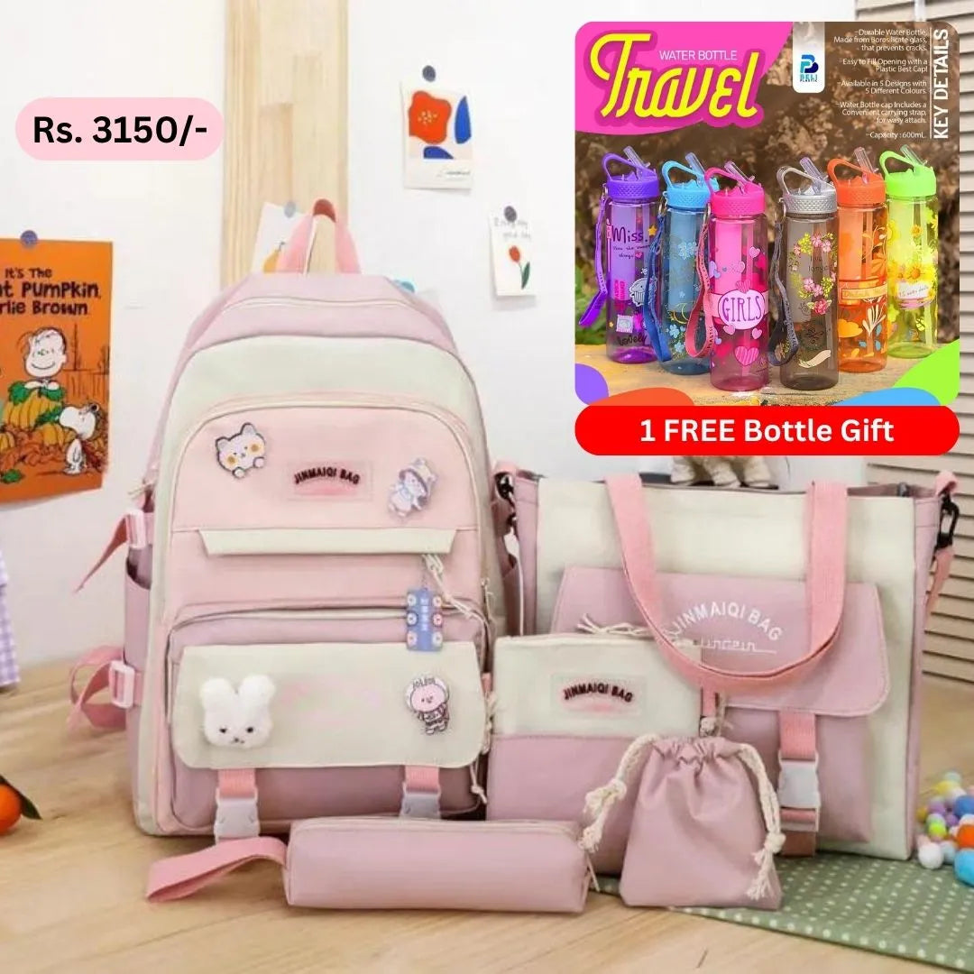Best School & College Bag Set for Girls – 5 in 1 Stylish Backpack with Free Water Bottle