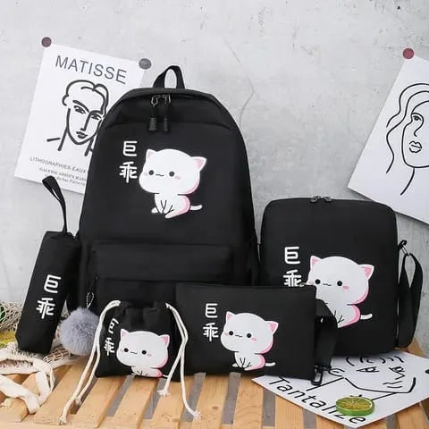 5 in 1 Cat Print Bag Set – Korean Style Backpack Combo for Girls