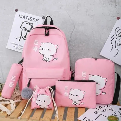 5 in 1 Cat Print Bag Set – Korean Style Backpack Combo for Girls