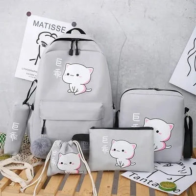 5 in 1 Cat Print Bag Set – Korean Style Backpack Combo for Girls