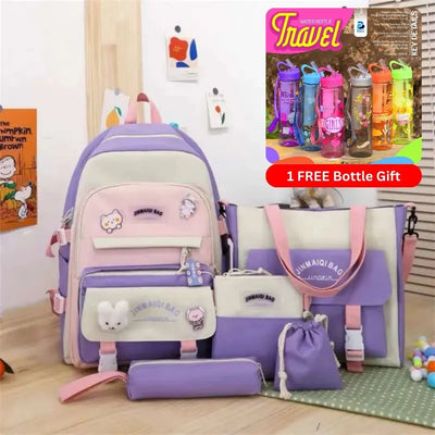 Best School & College Bag Set for Girls – 5 in 1 Stylish Backpack with Free Water Bottle