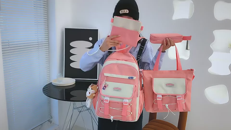 Trendy 4-Piece Dori Style Backpack Set for Girls – Includes Free Bottle & Teddy Bear Keychain